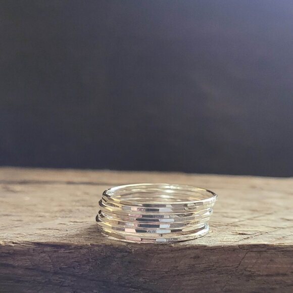 Sterling Silver Skinny Stacking Rings Hammered Thin Silver Rings Midi Ring - Picture 2 of 6